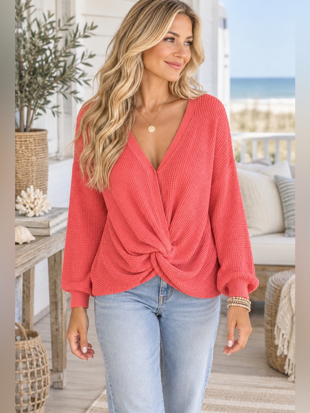 BP. Nordstrom Coral Waffle Knit Twist Front Cotton V-Neck Sweater Size L